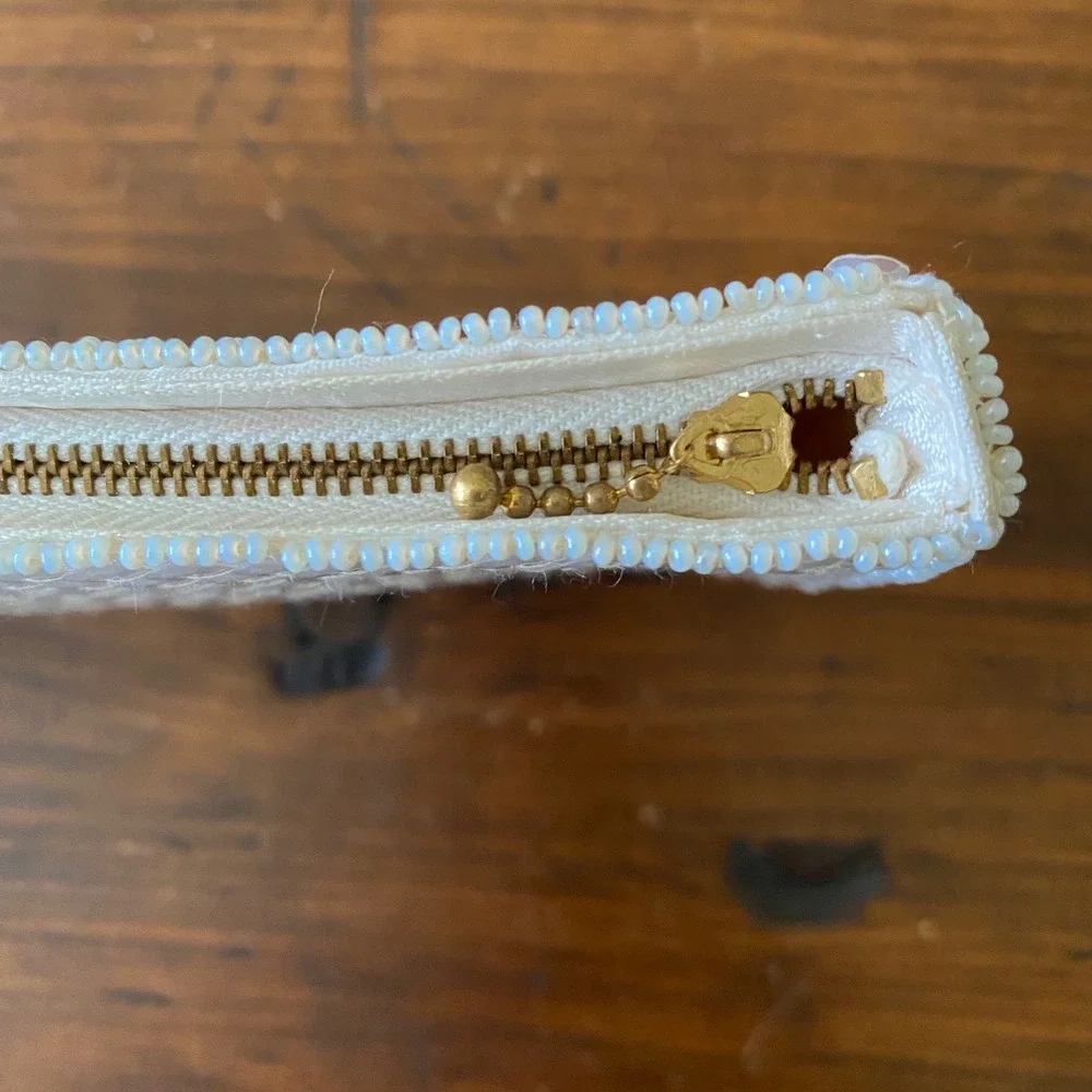 La Regale Small White Beaded Sequined Chevron Zip Clutch Bag Made in Japan